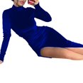 thumbnail image 3 of Women'S Long Sleeve Side Ruched High Slit Maxi Dress Mock Neck Velvet Bodycon Party Club Thigh Split Long Dress Blue S, 3 of 7