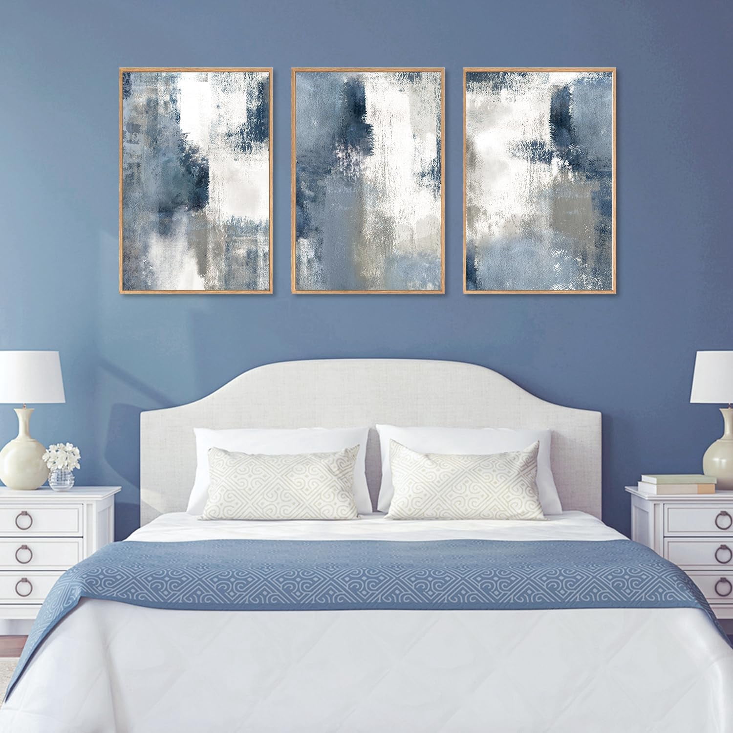 Large Navy Blue and Gray Framed Canvas Wall Art Set,Modern Abstract Wall Decor,Brush Strokes Block Shape Artwork,Minimalist Neutral Blue Printing for Living Room,Bedroom, Office-16''x24''x3