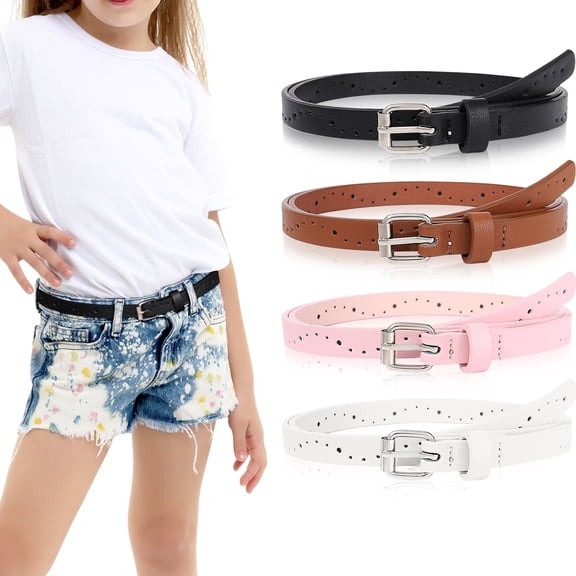 AWAYTR 4pcs Kids PU Leather Belts for Girls, Heart Shape Metal Buckle, Adjustable Hole Design, Cute Skinny Belt for Uniform Dress Jeans Casual Wear