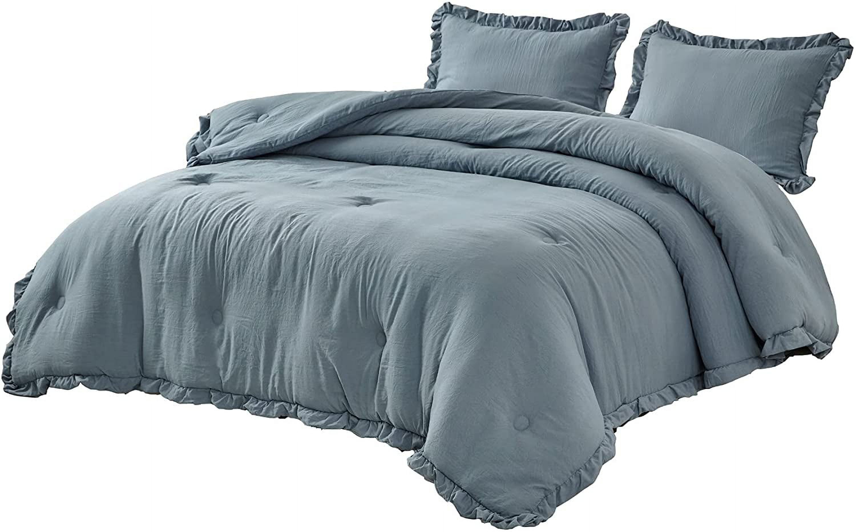 Chezmoi Collection Nora 3-Piece Dusty Blue Ruffled Edge Trim Microfiber Comforter Set, King Size