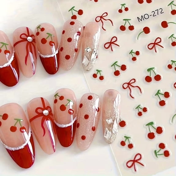 3pcs Cherry Pattern Nail Stickers - Self-Adhesive Nail Art Decorations with Bow and Heart Designs for a Sweet Manicure
