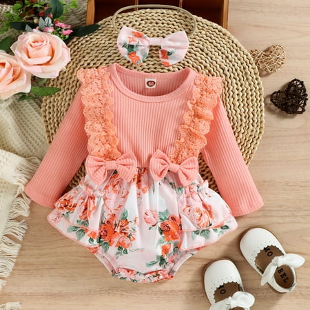 

Girls Lace Ruffles Long Sleeve Floral Prints Bowknot Romper Bodysuits Headbands Set
