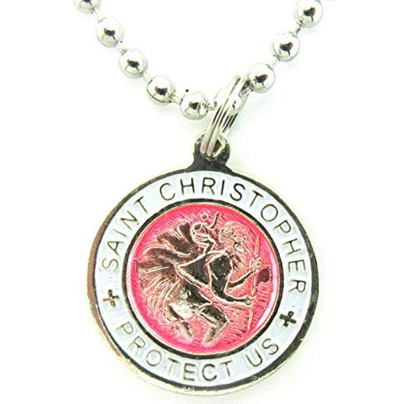 St. Christopher Surf Medal Necklace Pendant, Protector of Travel fu-wh Fuchsia-White Small