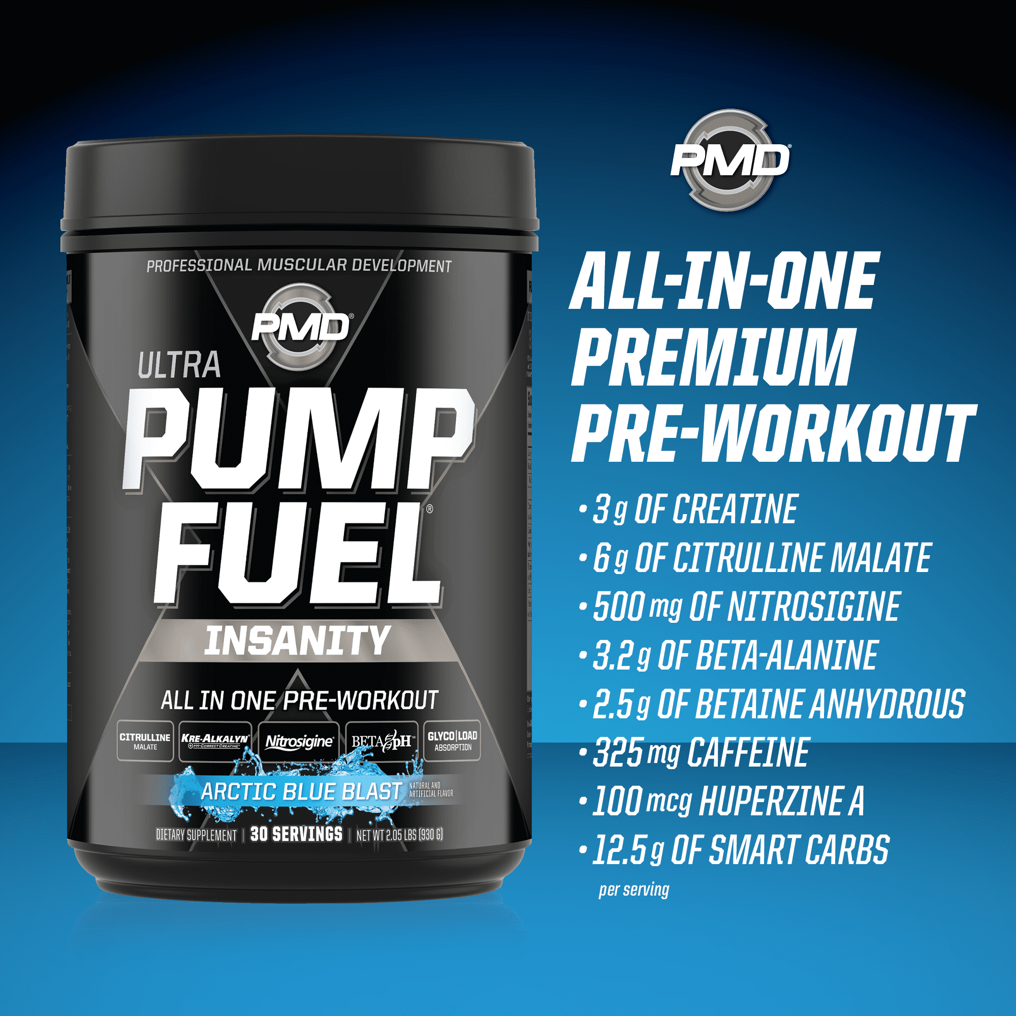 PMD Sports Ultra Pump Fuel Insanity - Pre Workout Drink Mix For Energy, Strength, Endurance, Muscle Pumps And Recovery - Complex Carbohydrates And Amino Energy - Arctic Blue Blast (30 Servings)