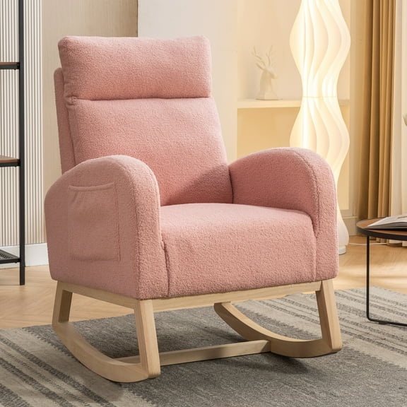 Teddy Fabric Rocking Chair With Right Pocket For Indoor,Pink