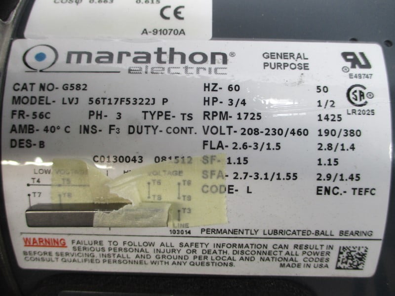MARATHON ELECTRIC G582 LVJ56T17F5322JP 208-230/460V 2.6-3/1.5A NSMP