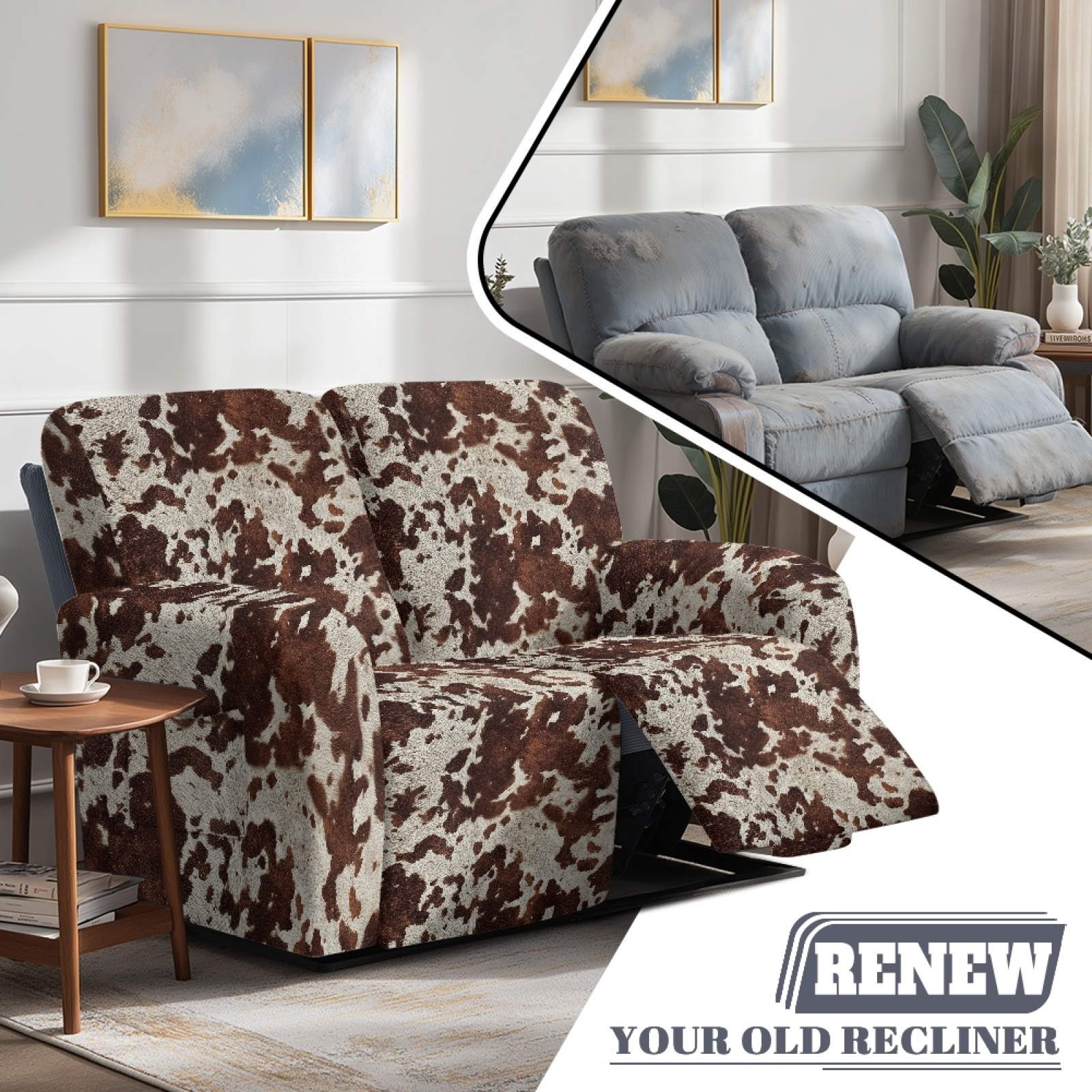 Xoenoiee Brown Cow Pattern 6-Piece Recliner Sofa Covers Stretch Reclining Couch Covers for 2 Cushion Reclining Sofa Slipcovers Furniture Covers Thick Soft Washable