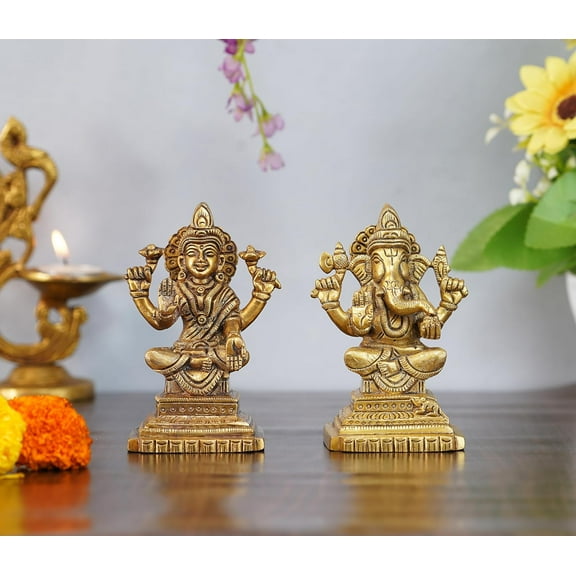 Brass Laxmi Ganesh Idol Ganpati Murti Metal Statue with Sitting Laxmi Ji on Lotus