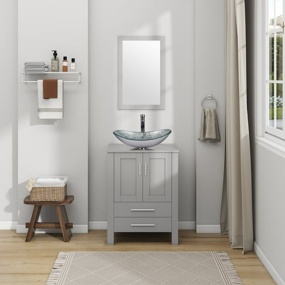 ELECWISH 24-Inch Bathroom Vanity in Gray with Mirror and Vessel Sink Set, Modern Stand Pedestal Cabinet with Silver Glass Sink Set
