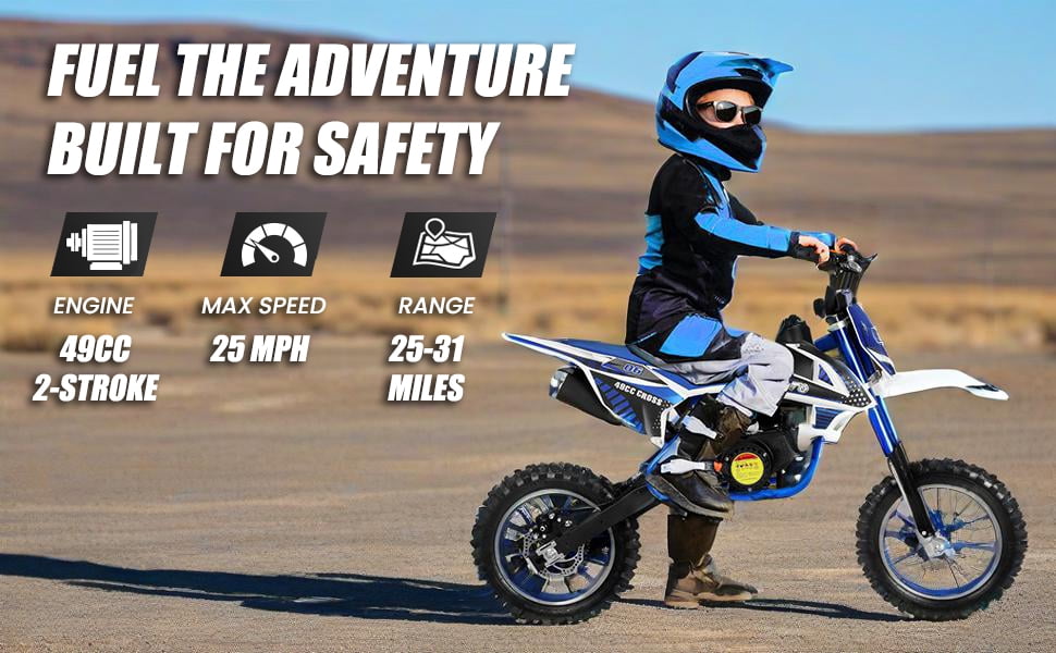 Mohsoe 49CC Mini Gas Motocross Bike, 10" Inflatable Tires & Upgraded Braking, 25H High-Speed Chain, Blue & White