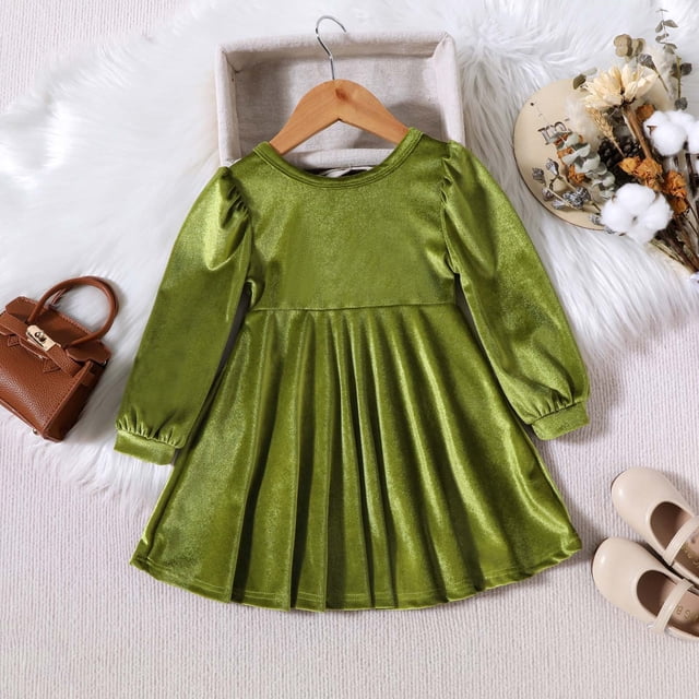 YUTK Jupe Mini Plissée pour Filles en Liquidation Robe Longue à Manches Longues Plissée à Col Rond pour Fille, Nouvelle et à la Mode, Couleur Unie, Verte