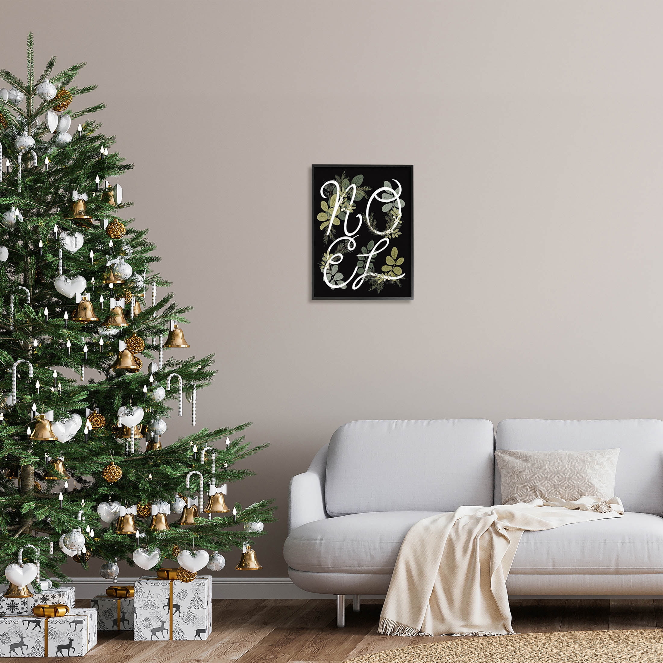 Noel Intertwined Botanical Leaves Holiday Graphic Art Black Framed Art Print Wall Art