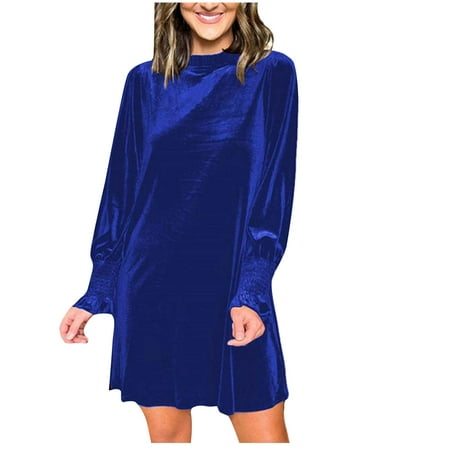 Women s Velvet Cocktail Mini Dresses Fall Winter Mock Neck Long Sleeve A-Line Homecoming Dress Elegant Loose Pleated Party Club Dress