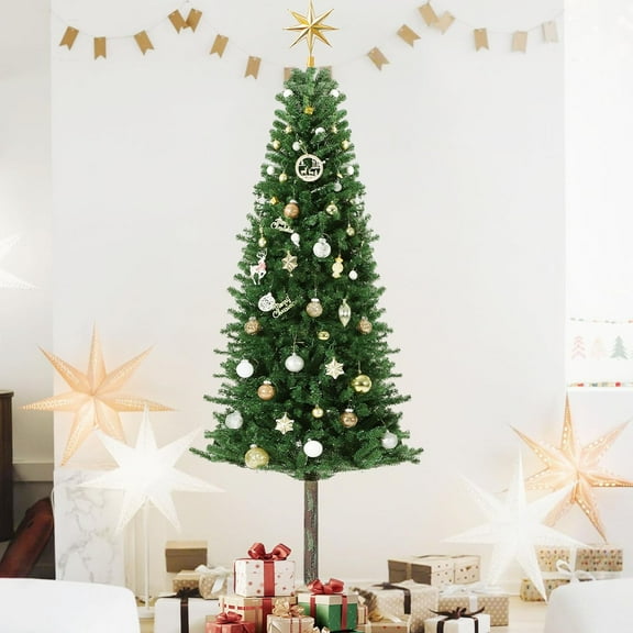 6FT Pre-Lit Pencil Christmas Tree, Slim Artificial Alpine Tree with 250 LED Lights, Metal Stand, Skinny Holiday Decor for Room, Apartment, Office