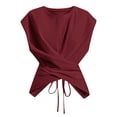 thumbnail image 6 of CIENVNSTG Womens Slim Fit Stretchy Cropped Tops Round Neck Cap Sleeve Cross Wrap Twist Front Ruched Casual Summer Daily Wear Blouses Deep Red S, 6 of 7