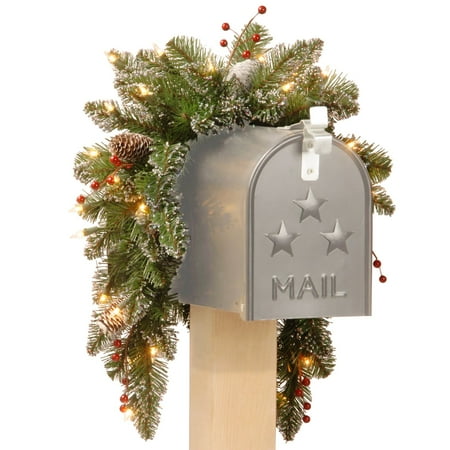 National Tree 3' Glittery Mountain Spruce Mailbox Swag with White Edged Cones, Red Berries and 35 Warm White Battery Operated LEDs with Timer