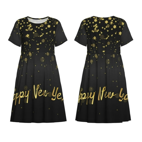 Horeoi Happy New Year Print Women's Short Sleeve Dress Breathable Polyester-Spandex All-Over Print A-Line Side Pockets Elastic Waist