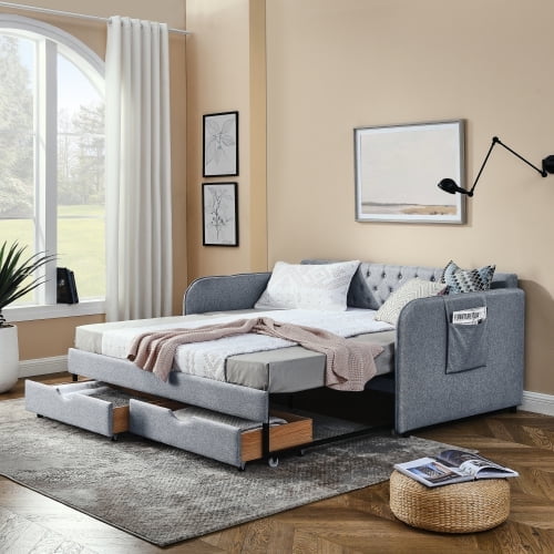 80" Tufted-Back Sleeper Loveseat Couch, Pull-Out Couch Bed with Storage Drawers, Convertible Loveseat Sofa Bed with Reinforced Frame for Living Room Guest Room, Grey