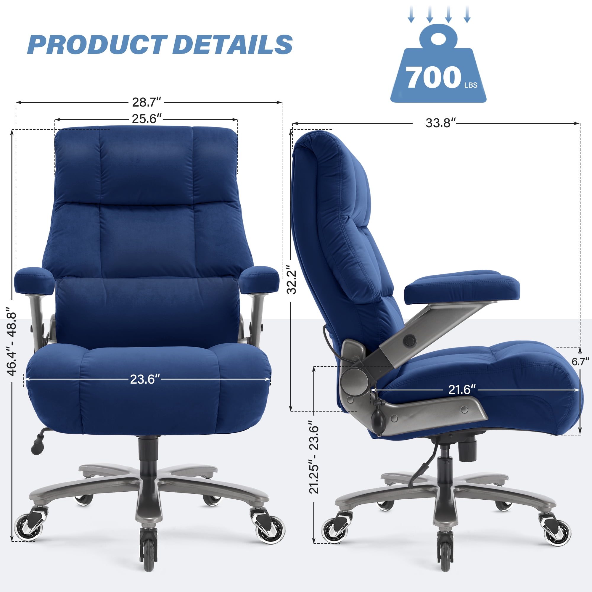 Big and Tall 700lbs Office Chair, Ultra-Soft Fabric Executive Desk Chair, Ergonomic Computer Chair with 3D Flip Up Arms, Adjustable Lumbar Support, Heavy Duty Metal Base and Quiet Rubber Wheel, Blue