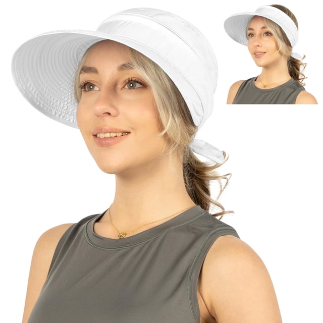 SUN CUBE Sombrero de sol para mujer para protección UV al aire libre, sombrero de ala ancha para el sol, cola de caballo, visera de playa convertible con cremallera