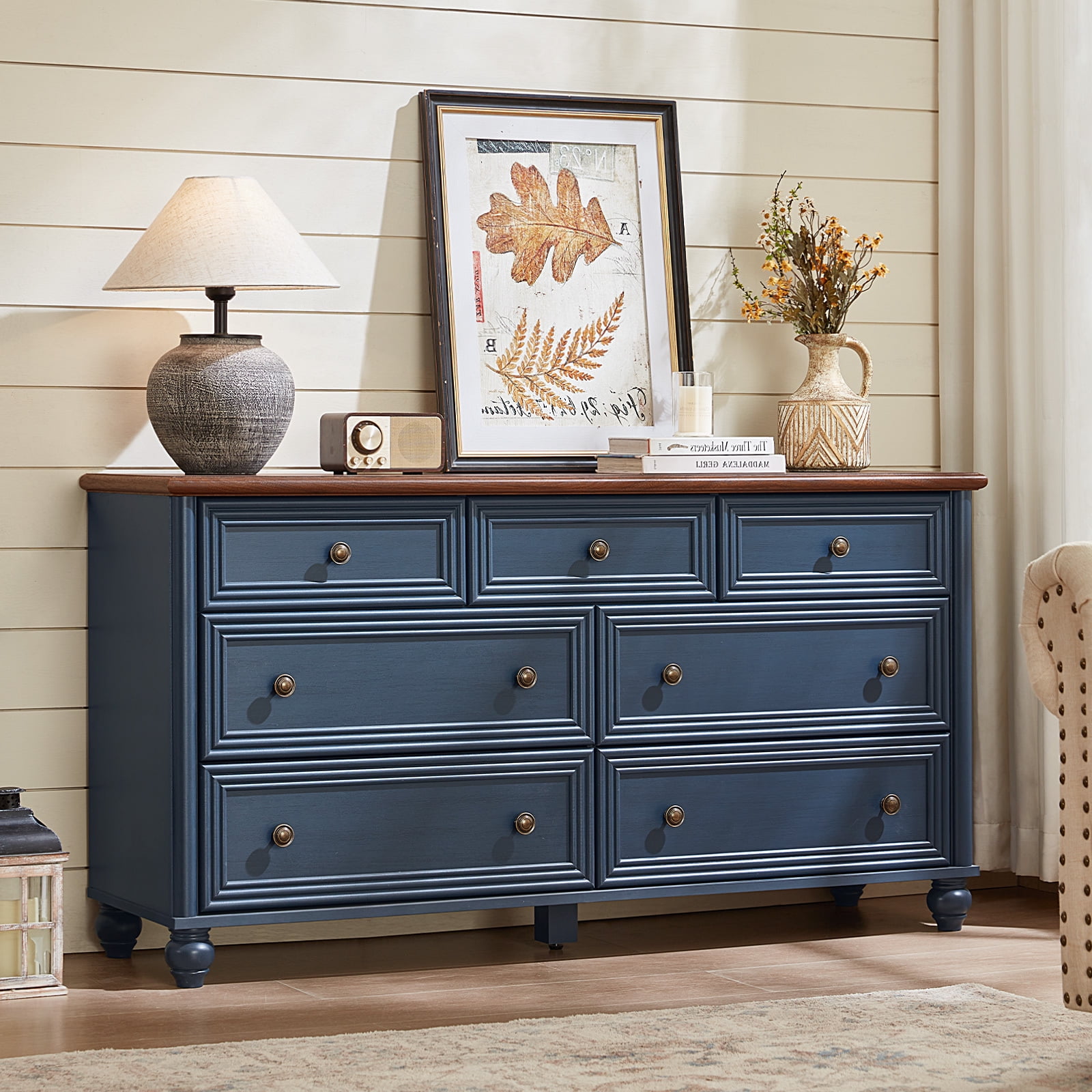 LELELINKY 7 Drawers Dresser for Bedroom, Farmhouse Chest of Drawer with Metal pull Handle, Wood Storage Cabine for Living Room, Hallway and Bedroom, Blue
