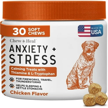 Chew + Heal Dog Anxiety & Stress Relief Vitamin (30 Chews) Calming Support Supplements for Travel, Storms, Fireworks