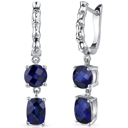 Peora 4.50 Ct Checkerboard Cut Blue Sapphire Sterling Silver Drop Earrings Rhodium Finish