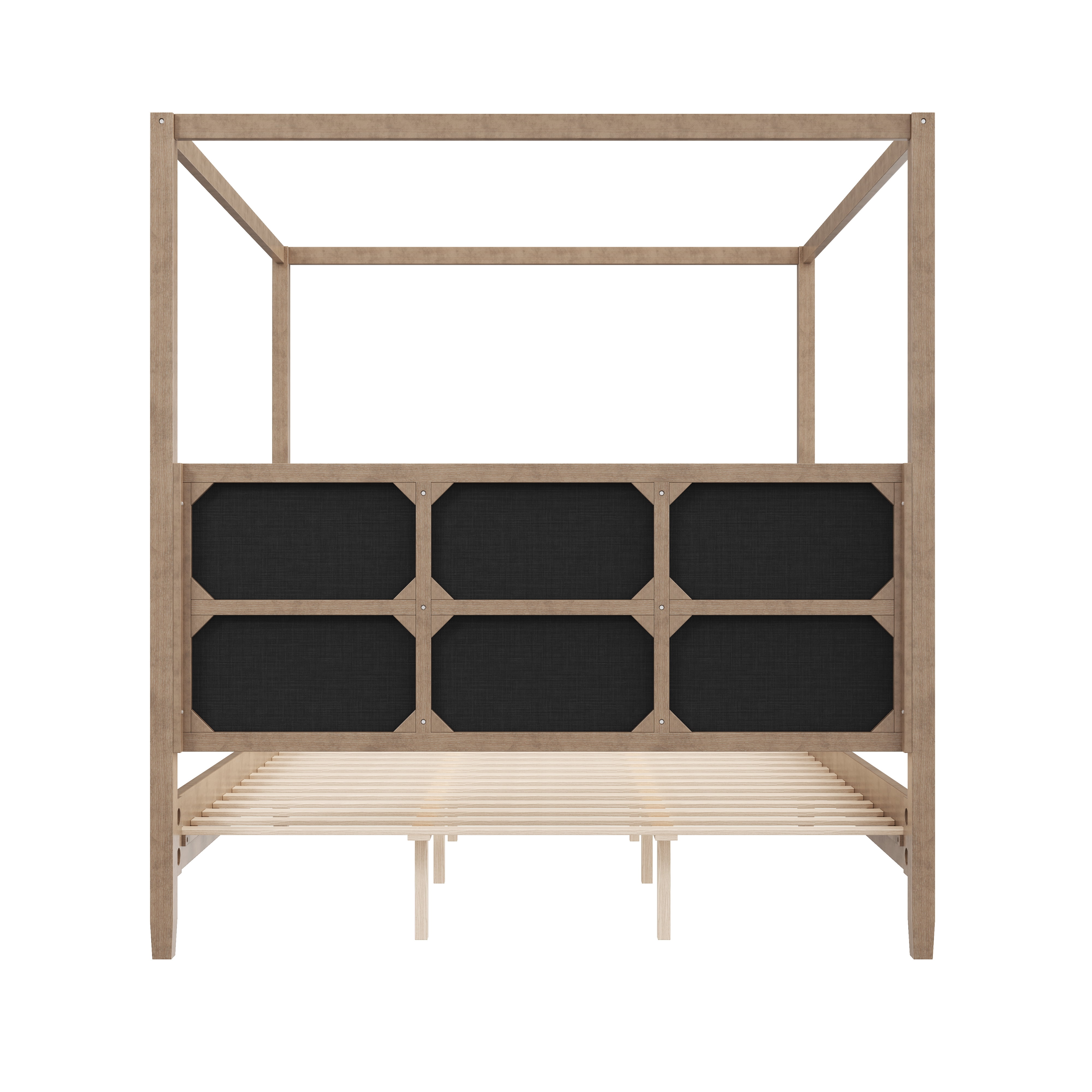 Euroco Wood King Size Canopy Bed with Upholstery Headboard, Modern Platform Bed, No Spring Box Needed, Natural