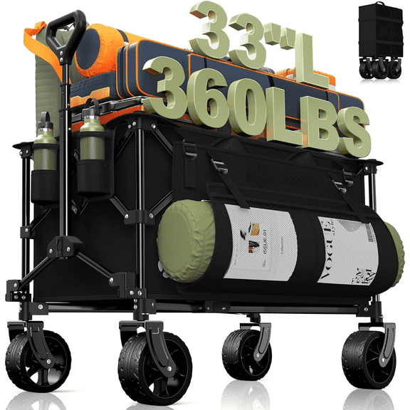 150L Collapsible Wagons Carts Foldable, 360LBS Heavy Duty Folding Beach Cart with Big All-Terrain Wheels, Portable Utility Wagon for Grocery, Shopping, Garden, Sports, Camping, Black