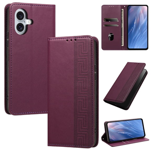 Magnetic PU Leather Wallet Case for iPhone 17, RFID Blocking Flip Phone Cover with Wrist Strap Card Slots Cash Pocket Kickstand Full Body Protection for iPhone 17, Winered