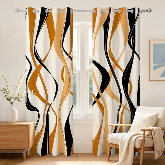 Abstract Wavy Line Blackout Curtains,Thermal Insulated,Grommet Top,2 Panels,42x63 Inch,Black Orange