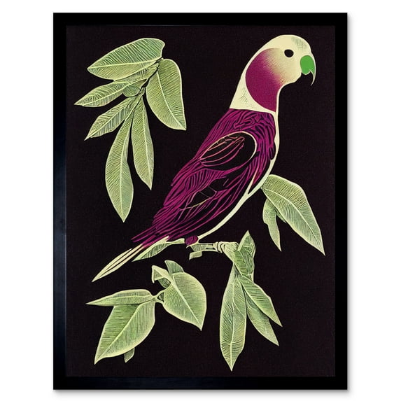 Modern Vibrant Magenta Purple Parrot On Tree Branch Linocut Illustration Black Plum Art Print Framed Poster Wall Decor 12x16 inch