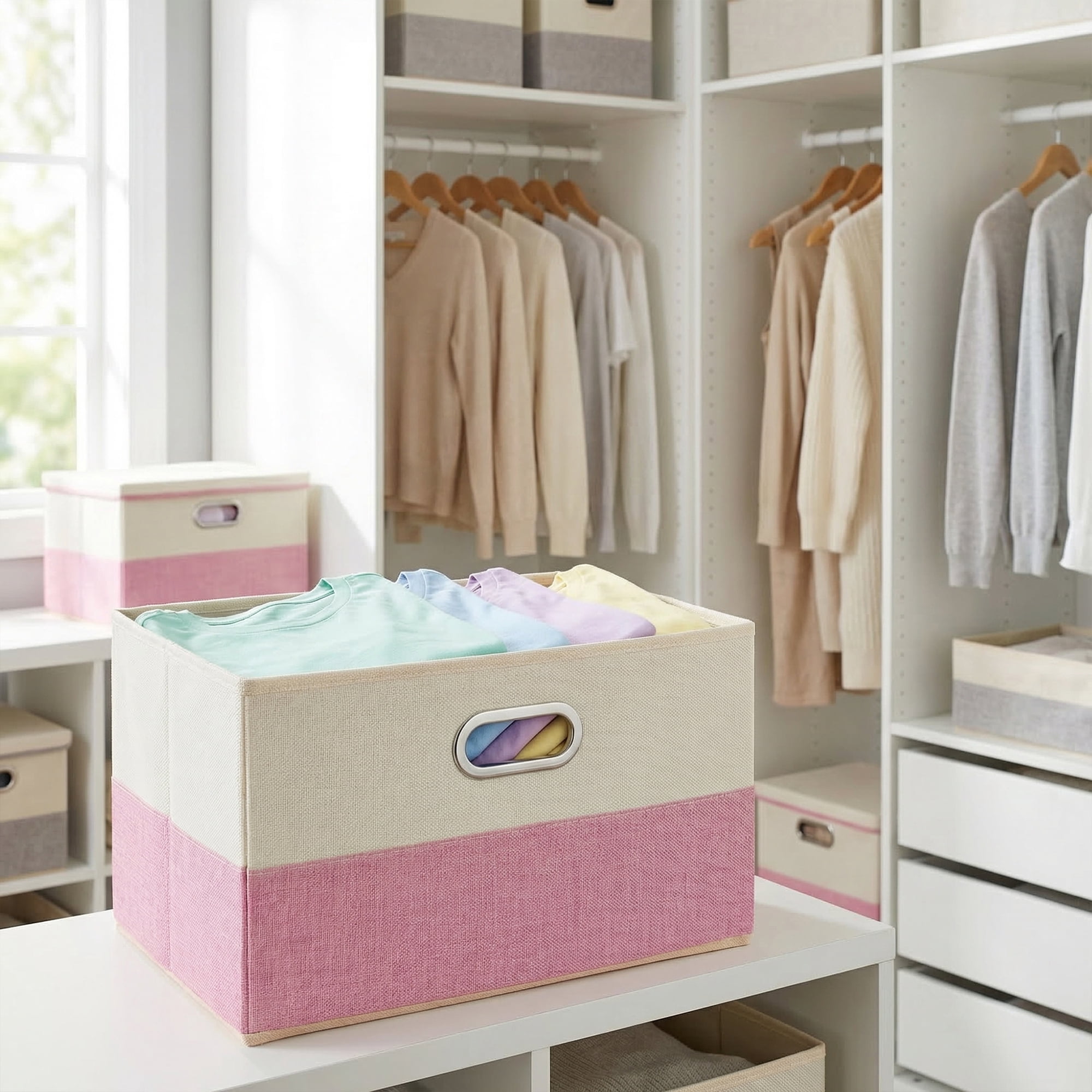 Unique Bargains Fabric Storage Bin with Lids Pink 16.9*11.8*10.6in
