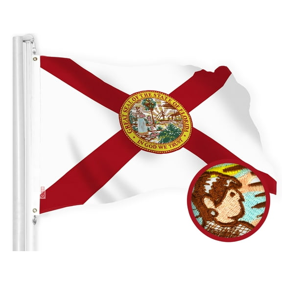 G128 Florida FL State Flag | 4x6 Ft | StormFlyer Series Embroidered 220GSM Spun Polyester | Embroidered Design, Indoor/Outdoor, Brass Grommets, Heavy Duty, All Weather