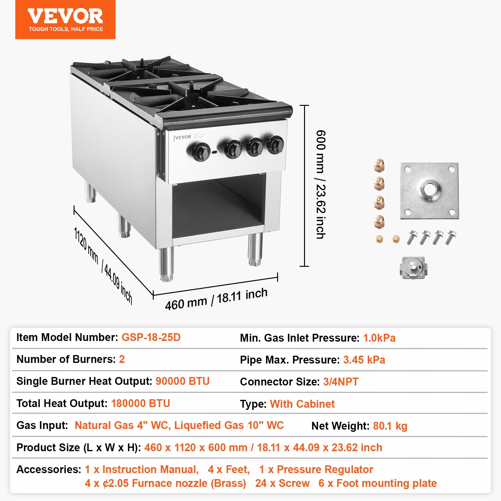 VEVOR Commercial Gas Stove with 2 Burners, Propane and Natural Gas Countertop Cooking Stove Range, Stainless Steel Gas Hot Plate, Commercial Cooking Equipment for Restaurant, 180,000 BTU