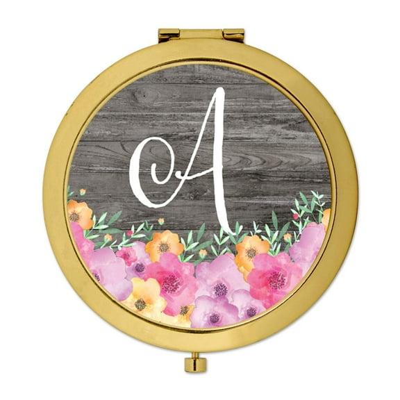 Koyal Wholesale Gold Compact Mirror Bridesmaid's Wedding Gift, Pink Floral Flowers on Rustic Gray Wood, Monogram A, 1-Pk