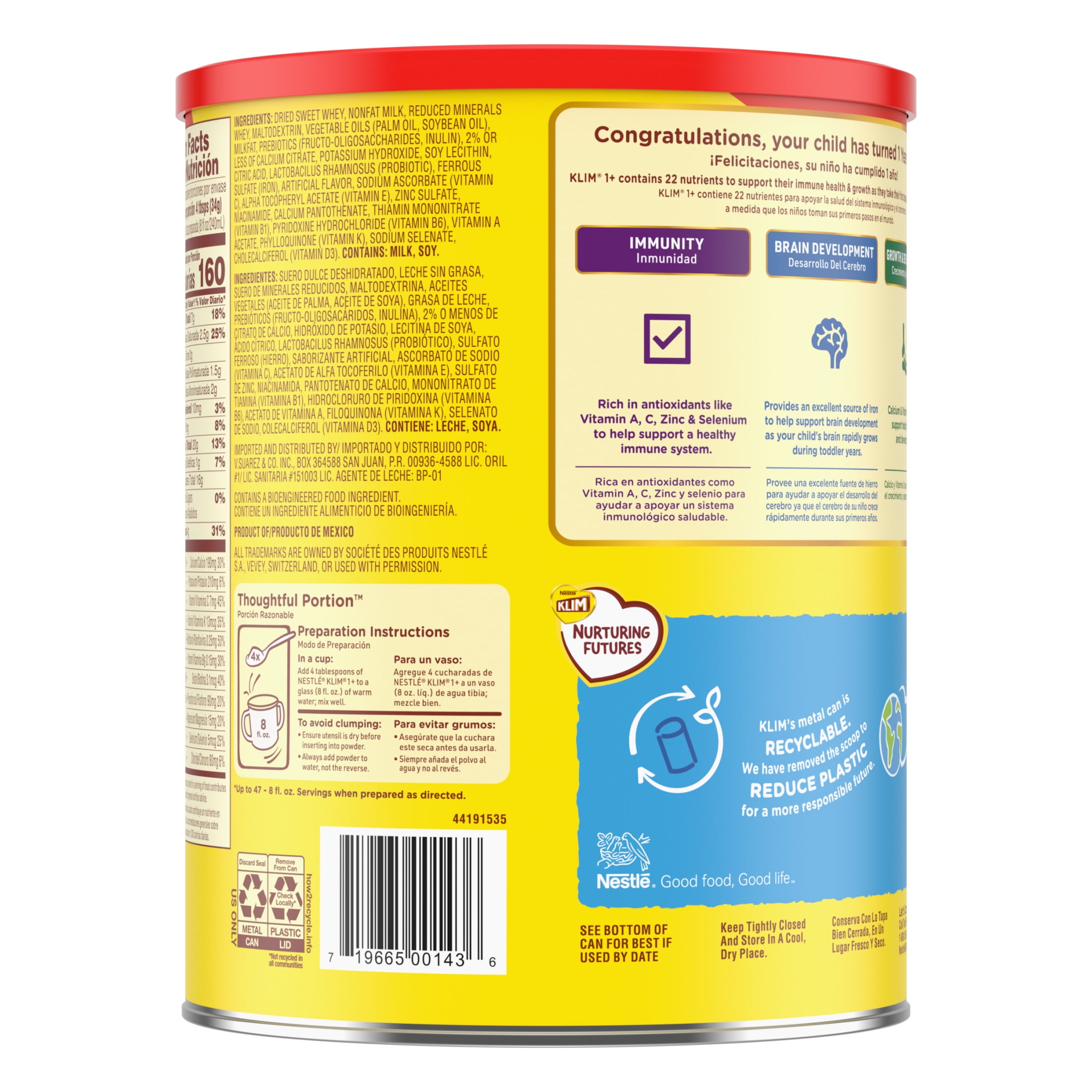Nestle Klim Kinder 1+ Powder Immunity Probiotic Toddler Milk Beverage Mix Vitamins A, C, D, Iron & Zinc, 56.3 oz Canister