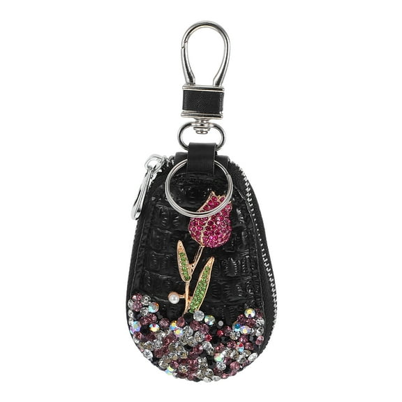 STRANDCHIC Durable Black PU Keychain Case with Rhinestones Rose Design for Car Key Fob Protection
