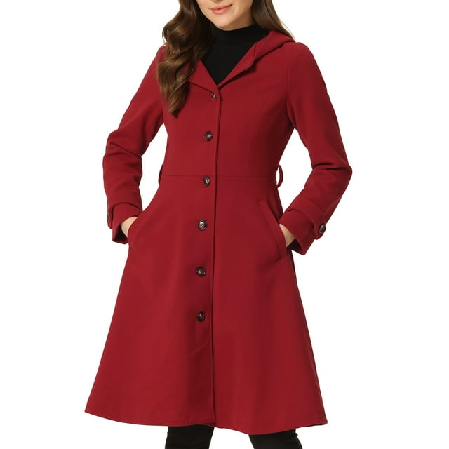 INSPIRE CHIC Manteau à Capuche Ceinturé à Simple Boutonnage pour Femmes Manteau d'Hiver avec Poches Rouge m