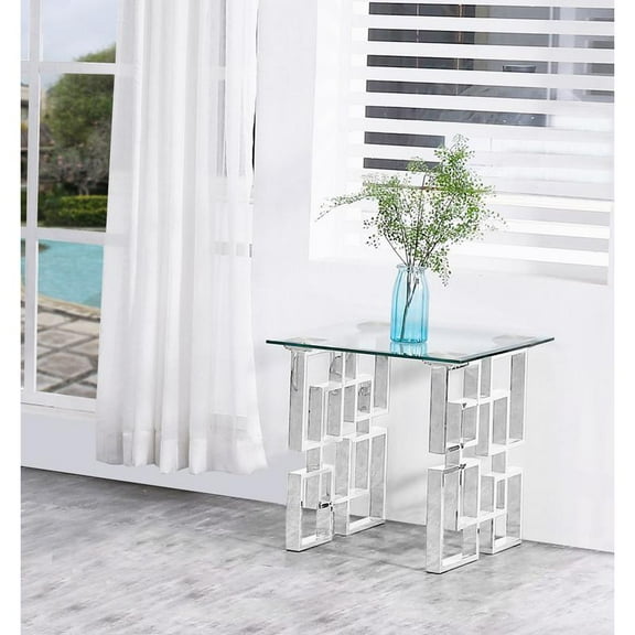 Contemporary Clear Glass End Table with Silver Stainless Steel Base
