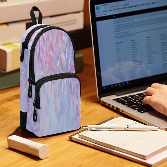 Backpack Pencil Case, 3 Compartment Large Capacity Oxford Fabric Pencil Pouch / Lavender Cascade Leaves