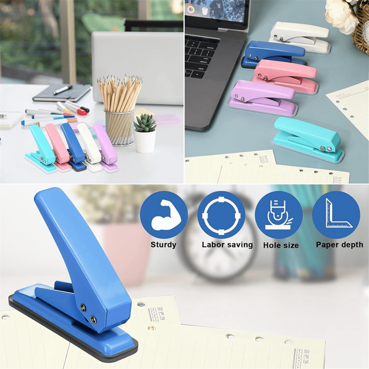 10 Pcs Single Hole Punch with Lock 1 Hole Paper Hole Punch 20 Sheet Capacity Handheld Paper Puncher with Anti Skid Base