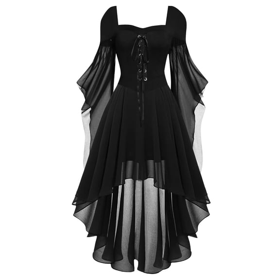 Halloween Renaissance Gothic Court Dress Costumes Featuring Cold Shoulder Neckline, Flutter Sleeves, Irregular Hem, and Solid Color Lace Up Steampunk