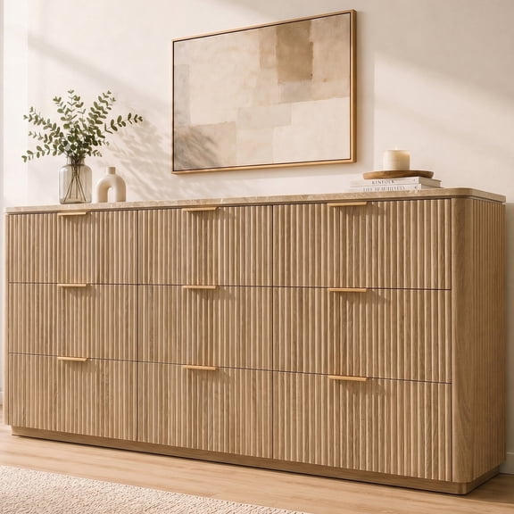 Hvoonc 63" Wide 9 Drawer Dresser with Faux Marble Top and 2" Thick Side Board, Large Oak Storage Cabinet for Bedroom Living Room