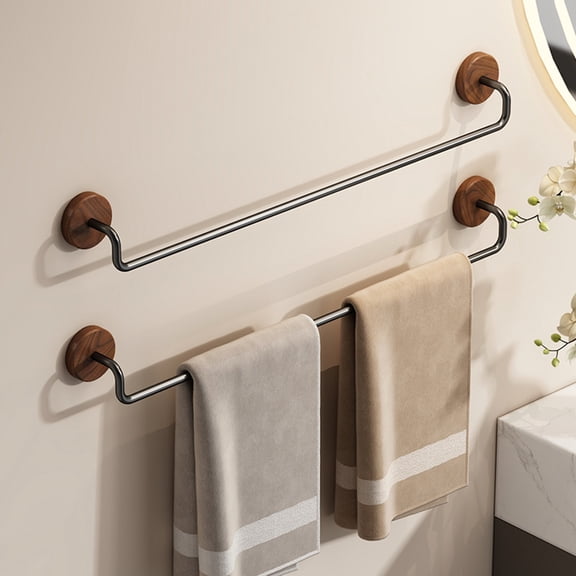 Fmxomd Self Adhesive Towel Bar, 11.6 Inch Towel Rack for Bathroom Wall Mounted Stainless Steel Towel Hanger for Kitchen, No Drill Wall-Mounted Towel Holder (Walnut Wood Base)
