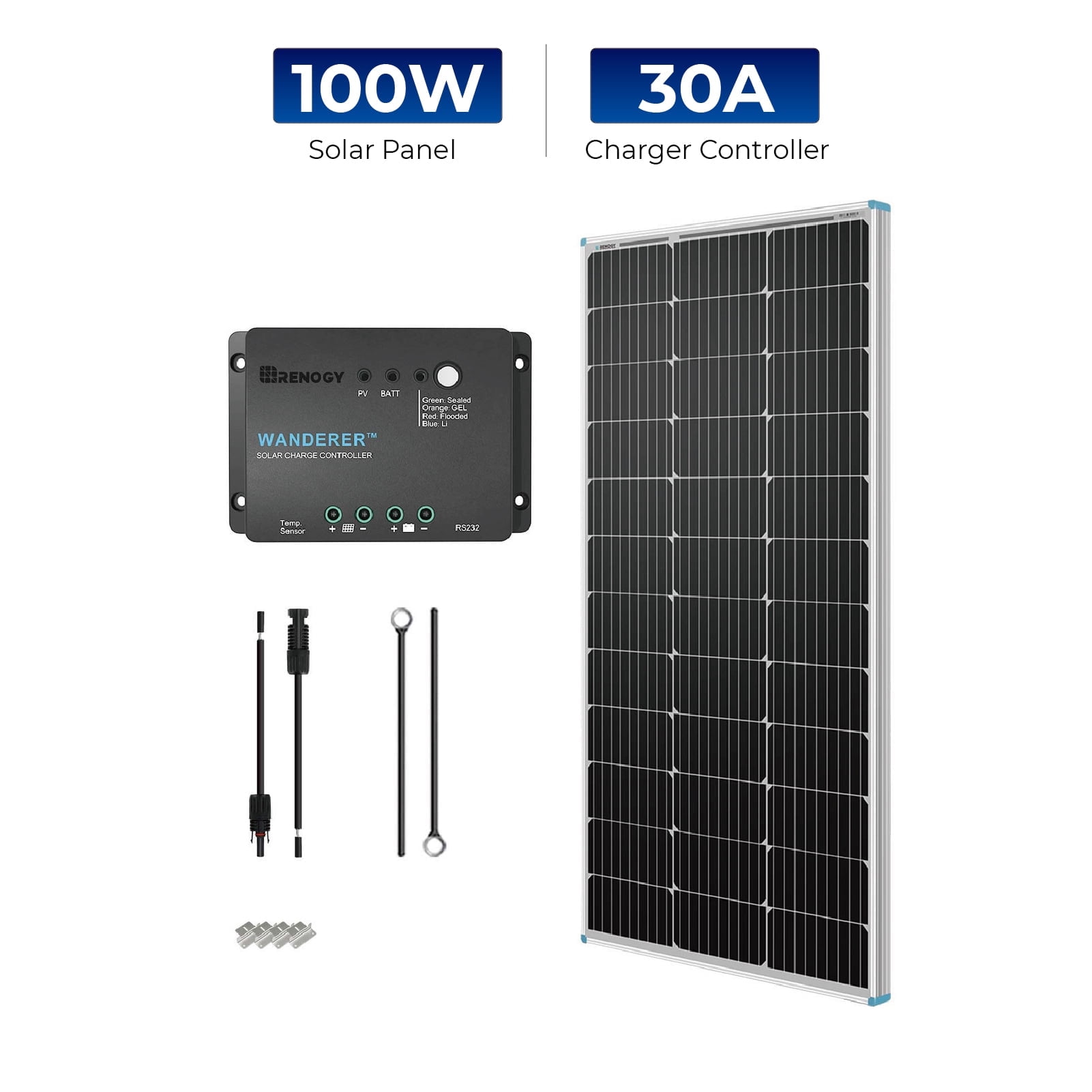 Renogy 100 Watt 12 Volt Solar Panel Kit, 30A MPPT Charge Controller, Mounting Z Brackets, Cable, Adaptor Kit for RV, Boats, Trailer, Camper, Marine, Off-Grid System
