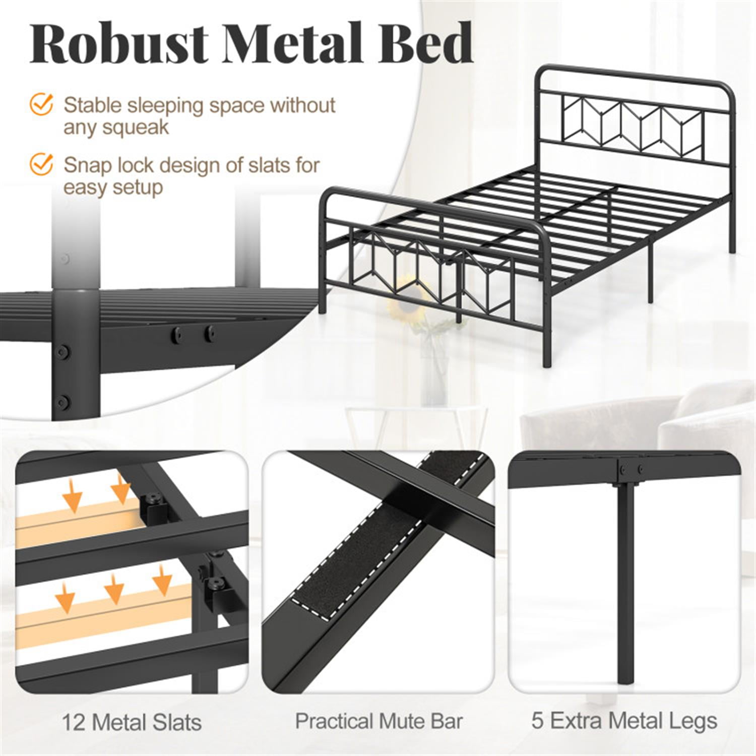 Demi Bonn Full Size Bed Frame with High Headboard and Snap Lock Metal Slats, Platform Bed Frame with Under Bed Storage, No Box Spring Needed, Black