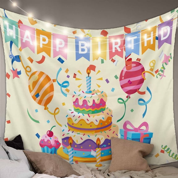 Happy Birthday Cake Tapestry for Bedroom Wall Hanging Tapestry, Ribbon Balloon Cartoon Cute Ceiling Backdrop Tapestries Poster Blanket Wall Decor for Teens Room Living Room Dorm 39" x 59"