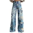 thumbnail image 2 of ClodeEU Women's Printed Denim Pant,High Waist Wide Leg Jean,Button Zipper Pocket Casual Pant Blue,Womens Plus M, 2 of 6