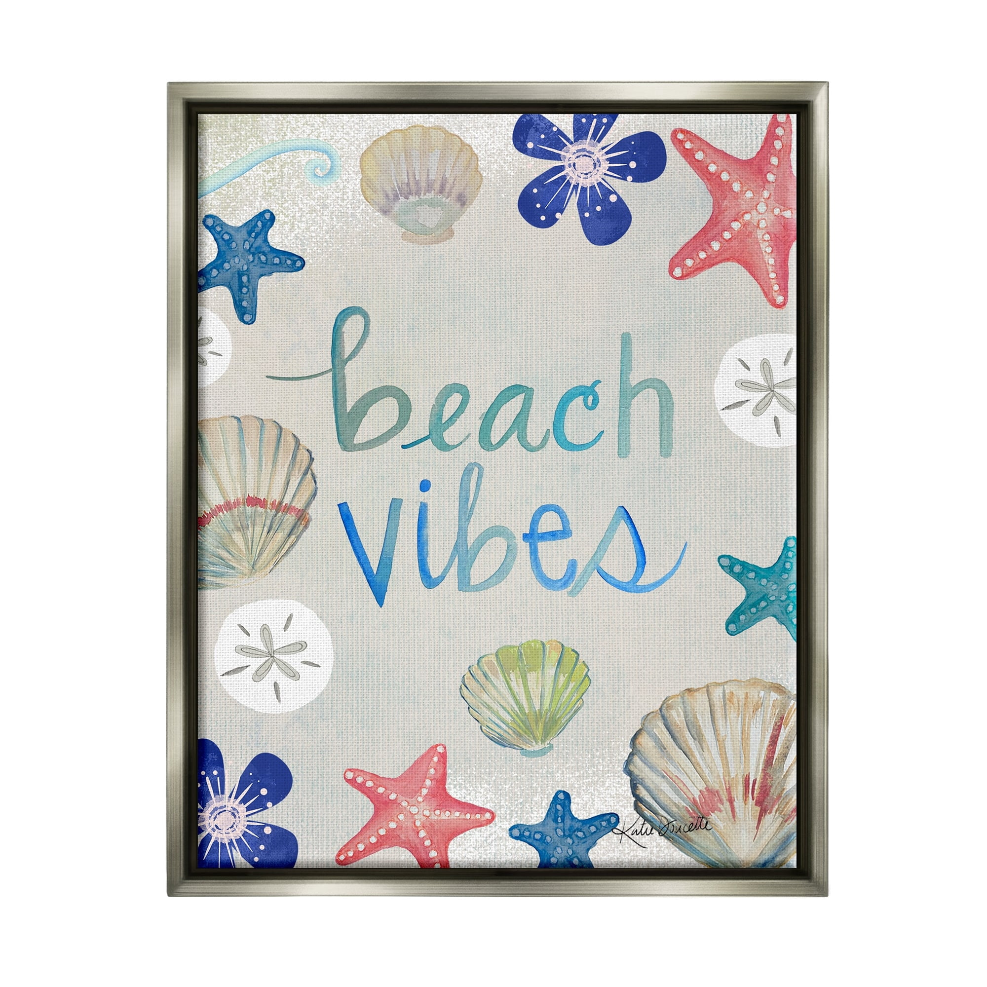 Stupell Industries Beach Vibes Calligraphy Nautical Seashell Flowers Graphic Art Luster Gray Floating Framed Canvas Print Wall Art, Design by Katie Doucette